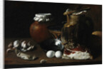 A still life of ham and eggs by Luis Egidio Menendez or Melendez