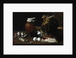 A still life of ham and eggs by Luis Egidio Menendez or Melendez
