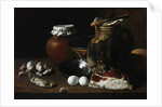 A still life of ham and eggs by Luis Egidio Menendez or Melendez
