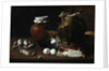 A still life of ham and eggs by Luis Egidio Menendez or Melendez