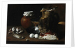 A still life of ham and eggs by Luis Egidio Menendez or Melendez