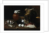 A still life of ham and eggs by Luis Egidio Menendez or Melendez