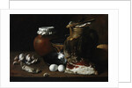 A still life of ham and eggs by Luis Egidio Menendez or Melendez
