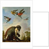 Chained monkey in a landscape by Melchior de Hondecoeter