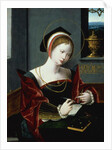 Portrait of a lady writing by Master of the Female Half Lengths