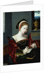 Portrait of a lady writing by Master of the Female Half Lengths