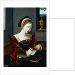 Portrait of a lady writing by Master of the Female Half Lengths