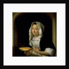 Portrait of a maid holding a waffle by Godfried Schalcken
