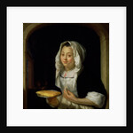 Portrait of a maid holding a waffle by Godfried Schalcken