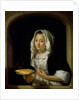 Portrait of a maid holding a waffle by Godfried Schalcken