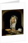 Portrait of a maid holding a waffle by Godfried Schalcken