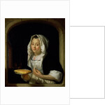 Portrait of a maid holding a waffle by Godfried Schalcken