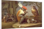 A monkey smoking and drinking with an owl by Ferdinand van Kessel