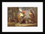 A monkey smoking and drinking with an owl by Ferdinand van Kessel