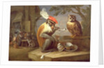 A monkey smoking and drinking with an owl by Ferdinand van Kessel