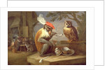 A monkey smoking and drinking with an owl by Ferdinand van Kessel