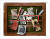 Trompe l'oeil letter rack with a print of an old man, 1703 by Edwaert Colyer