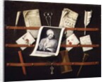 Trompe l'oeil letter rack with a print of a woman and a Parliamentary speech of 1704 by Edwaert Colyer or Collier