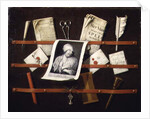 Trompe l'oeil letter rack with a print of a woman and a Parliamentary speech of 1704 by Edwaert Colyer or Collier