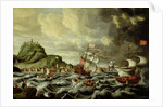 A Harbour Scene, possibly Genoa by Andries van Eertvelt