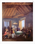 Christopher Columbus, accompanied by his son, Diego, explains his exploration plans to the prior of the Franciscan monastery of Santa Maria de la Rabida, the physician Garcia Fernandes and Alonso Pinzon by Juan Cabral Bejarano