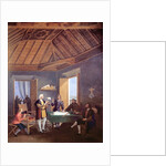 Christopher Columbus, accompanied by his son, Diego, explains his exploration plans to the prior of the Franciscan monastery of Santa Maria de la Rabida, the physician Garcia Fernandes and Alonso Pinzon by Juan Cabral Bejarano