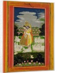 Radha and Krishna embrace in an idealised landscape with cows, c.1780 by Indian School