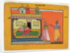 Krishna arriving at Radha's house by Pahari School