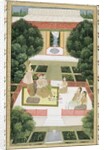 A couple in a garden listening to music with female attendants by Mughal School