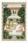 A couple in a garden listening to music with female attendants by Mughal School