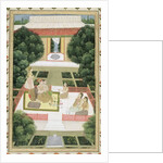 A couple in a garden listening to music with female attendants by Mughal School