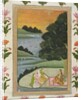 A Princess listening to female musicians by a river at sunset by Mughal School