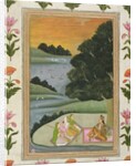 A Princess listening to female musicians by a river at sunset by Mughal School
