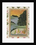 A Princess listening to female musicians by a river at sunset by Mughal School