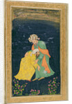 A Mullah bowing down to a man in Iranian dress who lifts him up from his supplication by School Mughal