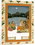 Lovers on a terrace by a moonlit lake by School Mughal