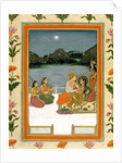 Lovers on a terrace by a moonlit lake by School Mughal