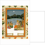 Lovers on a terrace by a moonlit lake by School Mughal