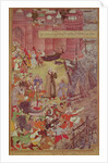 A Bridge of boats broken by Akbar on his elephant while crossing the river Jumna by Mughal School