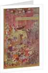 A Bridge of boats broken by Akbar on his elephant while crossing the river Jumna by Mughal School