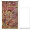 A Bridge of boats broken by Akbar on his elephant while crossing the river Jumna by Mughal School
