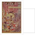 A Bridge of boats broken by Akbar on his elephant while crossing the river Jumna by Mughal School