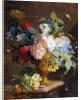 Still Life of Flowers in a Golden Vase on a Marble Ledge by Jan van Huysum
