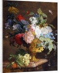 Still Life of Flowers in a Golden Vase on a Marble Ledge by Jan van Huysum