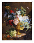 Still Life of Flowers in a Golden Vase on a Marble Ledge by Jan van Huysum