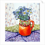 Daisies and Forget-Me-Nots Orange Jug and Patterned Fabric, 2015 by Joan Thewsey