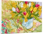 Tulips and Daffodils with Patterned Textiles, 2000 by Joan Thewsey