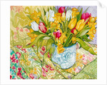 Tulips and Daffodils with Patterned Textiles, 2000 by Joan Thewsey