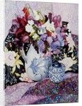 Sweet peas in a blue and white jug with blue and white pot and textiles by Joan Thewsey