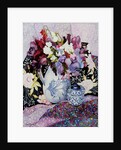 Sweet peas in a blue and white jug with blue and white pot and textiles by Joan Thewsey